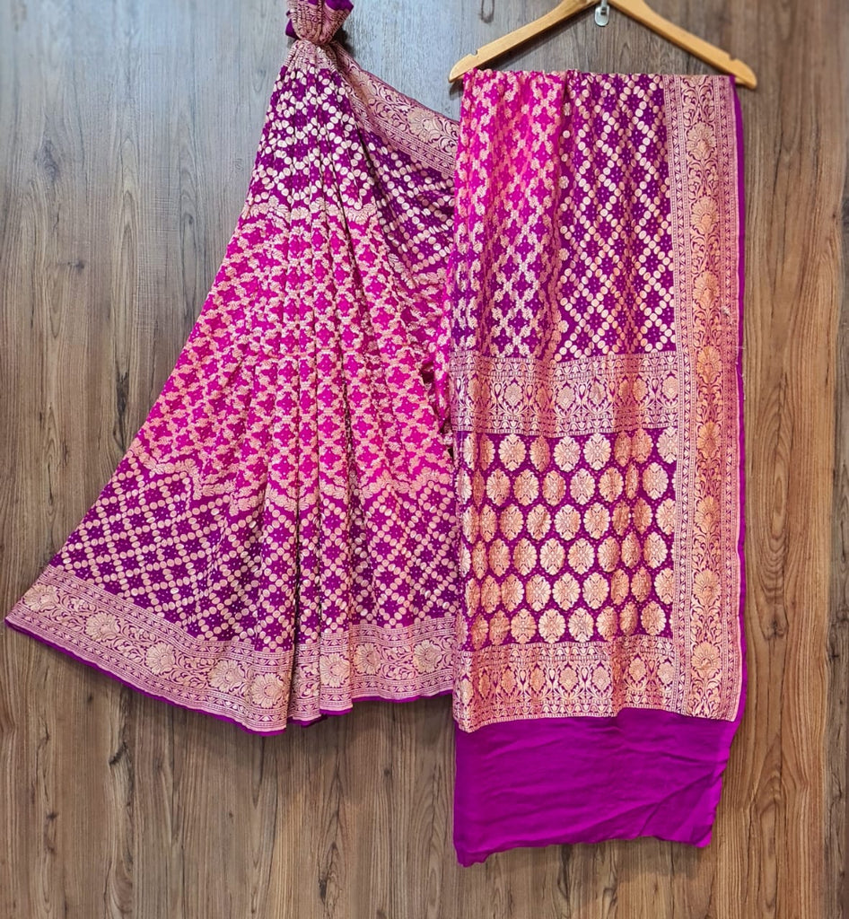 Zynah Khaddi Georgette Saree with Bandhani Prints, Antique Zari Weave; Custom Stitched/Ready-made Blouse, Fall, Petticoat; Shipping available USA, Worldwide