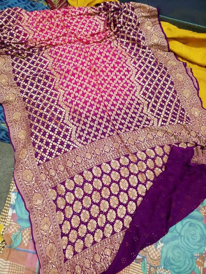 Zynah Khaddi Georgette Saree with Bandhani Prints, Antique Zari Weave; Custom Stitched/Ready-made Blouse, Fall, Petticoat; Shipping available USA, Worldwide