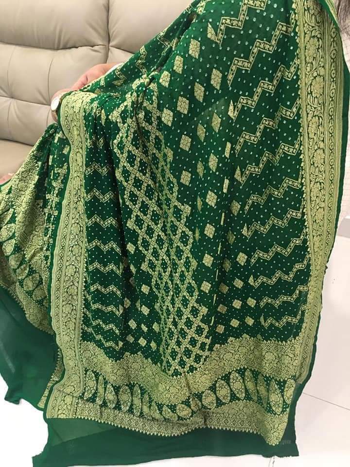 Zynah Khaddi Georgette Saree with Bandhani Prints, Antique Zari Weave; Custom Stitched/Ready-made Blouse, Fall, Petticoat; Shipping available USA, Worldwide
