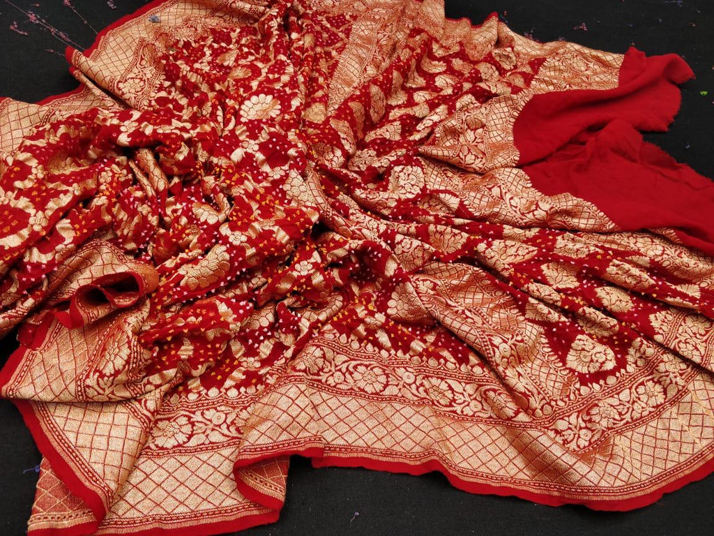 Zynah Khaddi Georgette Saree with Bandhani Prints, Antique Zari Weave; Custom Stitched/Ready-made Blouse, Fall, Petticoat; Shipping available USA, Worldwide