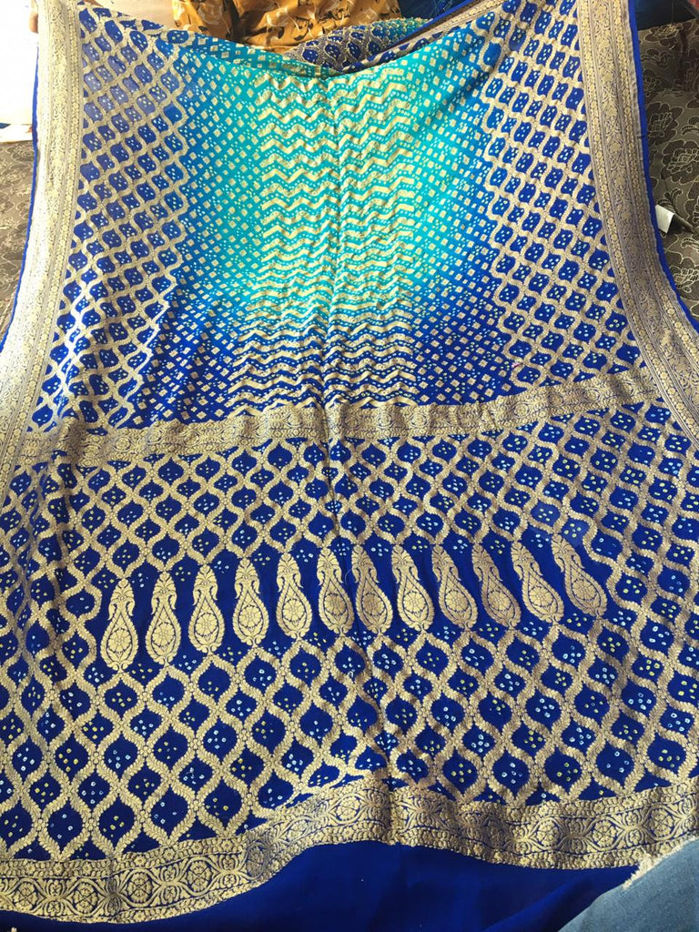 Zynah Khaddi Georgette Saree with Bandhani Prints, Antique Zari Weave; Custom Stitched/Ready-made Blouse, Fall, Petticoat; Shipping available USA, Worldwide