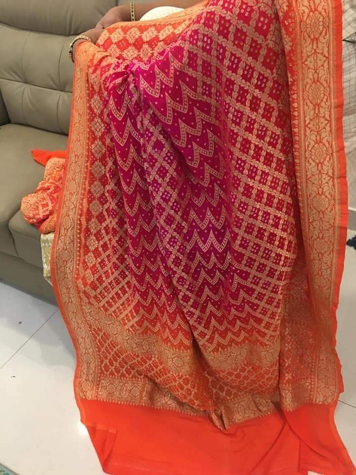 Zynah Khaddi Georgette Saree with Bandhani Prints, Antique Zari Weave; Custom Stitched/Ready-made Blouse, Fall, Petticoat; Shipping available USA, Worldwide