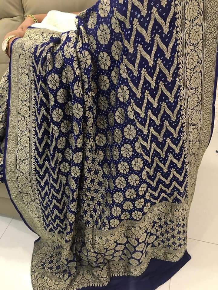 Zynah Khaddi Georgette Saree with Bandhani Prints, Antique Zari Weave; Custom Stitched/Ready-made Blouse, Fall, Petticoat; Shipping available USA, Worldwide