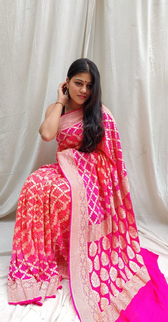 Zynah Khaddi Georgette Saree with Bandhani Prints, Antique Zari Weave; Custom Stitched/Ready-made Blouse, Fall, Petticoat; Shipping available USA, Worldwide