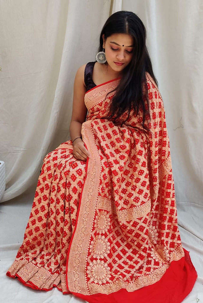 Zynah Khaddi Georgette Saree with Bandhani Prints, Antique Zari Weave; Custom Stitched/Ready-made Blouse, Fall, Petticoat; Shipping available USA, Worldwide