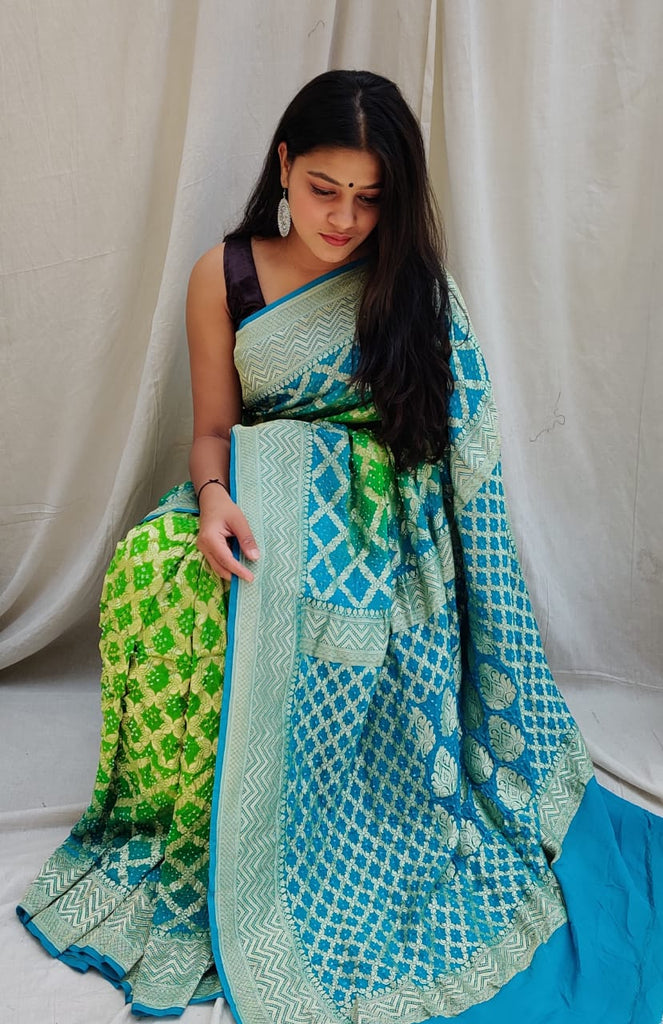 Zynah Khaddi Georgette Saree with Bandhani Prints, Antique Zari Weave; Custom Stitched/Ready-made Blouse, Fall, Petticoat; Shipping available USA, Worldwide
