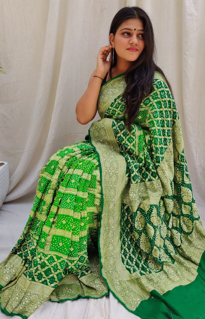 Zynah Khaddi Georgette Saree with Bandhani Prints, Antique Zari Weave; Custom Stitched/Ready-made Blouse, Fall, Petticoat; Shipping available USA, Worldwide