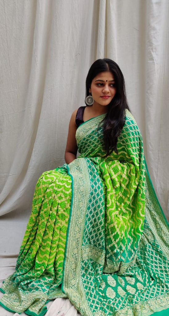 Zynah Khaddi Georgette Saree with Bandhani Prints, Antique Zari Weave; Custom Stitched/Ready-made Blouse, Fall, Petticoat; Shipping available USA, Worldwide