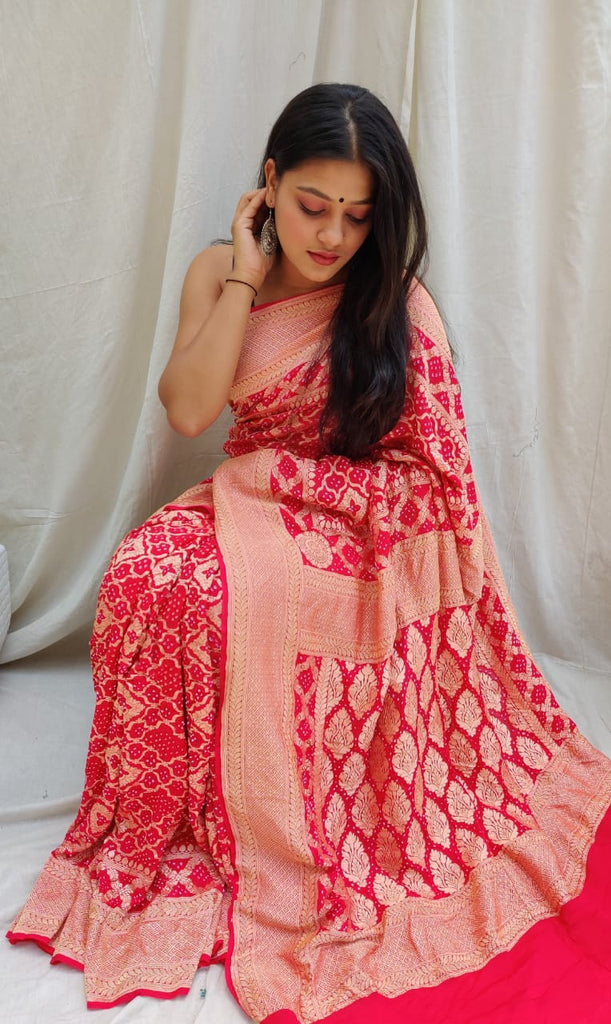 Zynah Khaddi Georgette Saree with Bandhani Prints, Antique Zari Weave; Custom Stitched/Ready-made Blouse, Fall, Petticoat; Shipping available USA, Worldwide