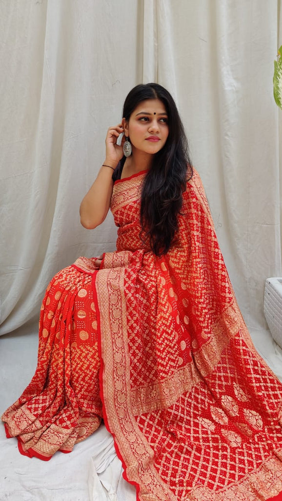 Zynah Khaddi Georgette Saree with Bandhani Prints, Antique Zari Weave; Custom Stitched/Ready-made Blouse, Fall, Petticoat; Shipping available USA, Worldwide