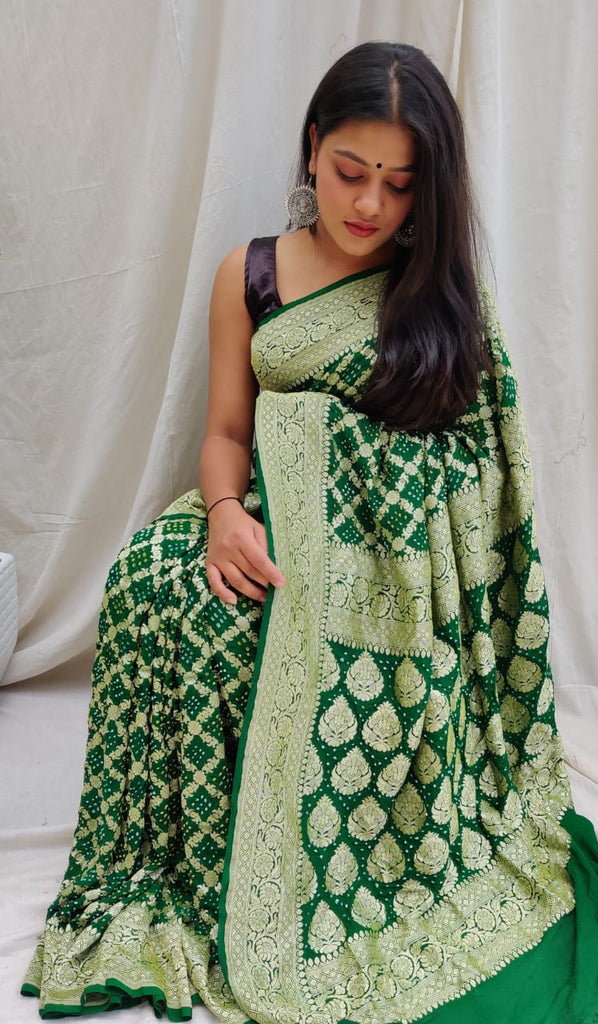 Zynah Khaddi Georgette Saree with Bandhani Prints, Antique Zari Weave; Custom Stitched/Ready-made Blouse, Fall, Petticoat; Shipping available USA, Worldwide