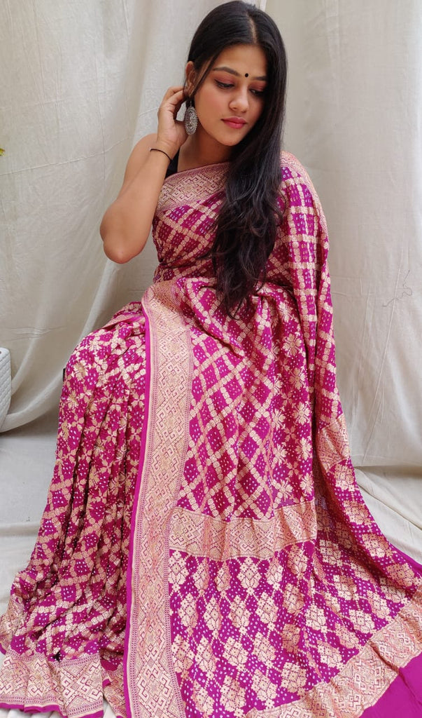 Zynah Khaddi Georgette Saree with Bandhani Prints, Antique Zari Weave; Custom Stitched/Ready-made Blouse, Fall, Petticoat; Shipping available USA, Worldwide