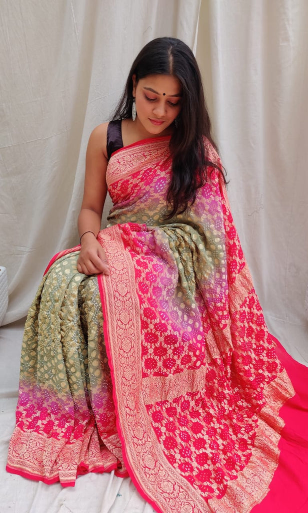 Zynah Khaddi Georgette Saree with Bandhani Prints, Antique Zari Weave; Custom Stitched/Ready-made Blouse, Fall, Petticoat; Shipping available USA, Worldwide