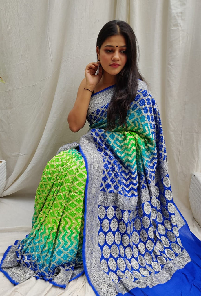 Zynah Khaddi Georgette Saree with Bandhani Prints, Antique Zari Weave; Custom Stitched/Ready-made Blouse, Fall, Petticoat; Shipping available USA, Worldwide