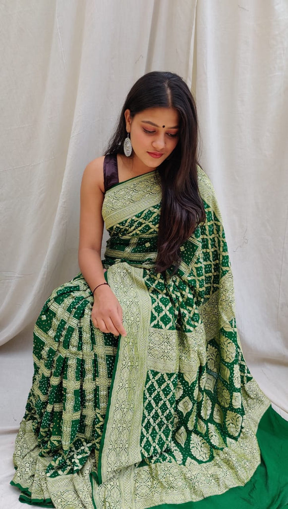 Zynah Khaddi Georgette Saree with Bandhani Prints, Antique Zari Weave; Custom Stitched/Ready-made Blouse, Fall, Petticoat; Shipping available USA, Worldwide