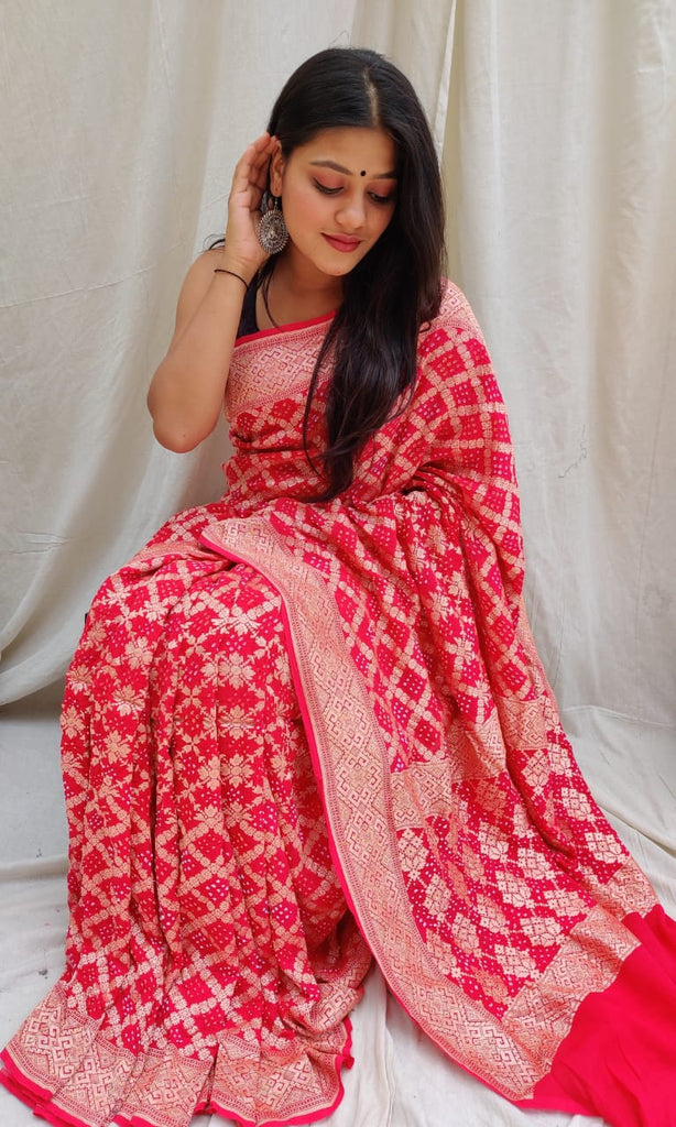 Zynah Khaddi Georgette Saree with Bandhani Prints, Antique Zari Weave; Custom Stitched/Ready-made Blouse, Fall, Petticoat; Shipping available USA, Worldwide