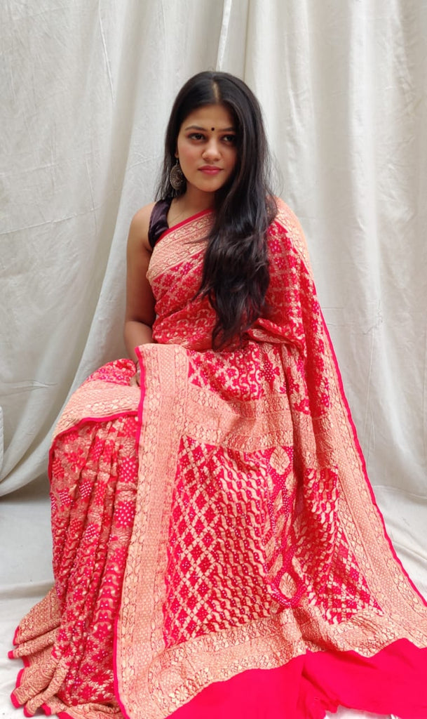 Zynah Khaddi Georgette Saree with Bandhani Prints, Antique Zari Weave; Custom Stitched/Ready-made Blouse, Fall, Petticoat; Shipping available USA, Worldwide