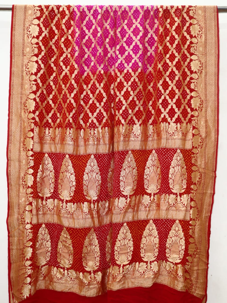Zynah Khaddi Georgette Saree with Bandhani Prints, Antique Zari Weave; Custom Stitched/Ready-made Blouse, Fall, Petticoat; Shipping available USA, Worldwide