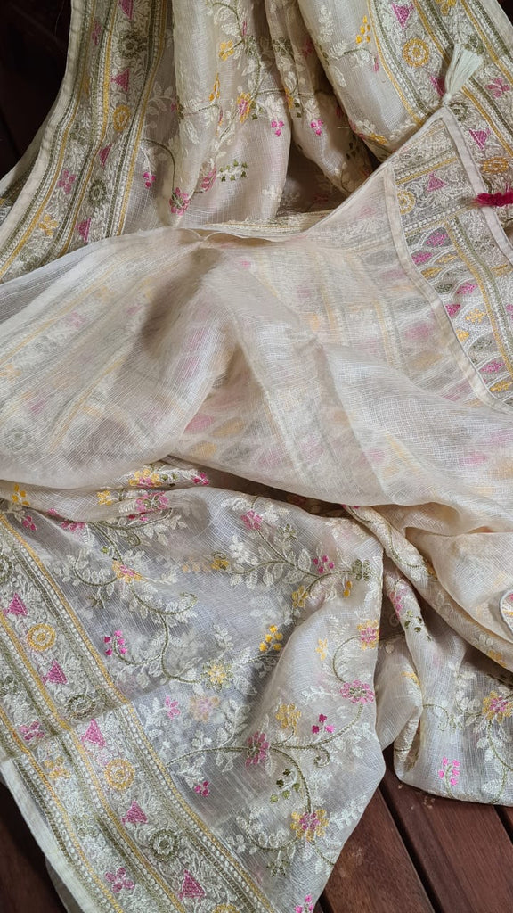 Zynah Feather-light Pure Kota Silk Saree with Chikankari Style Thread Embroidered; Custom Stitched/Ready-made Blouse, Fall, Petticoat; Shipping available USA, Worldwide