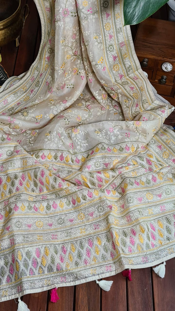 Zynah Feather-light Pure Kota Silk Saree with Chikankari Style Thread Embroidered; Custom Stitched/Ready-made Blouse, Fall, Petticoat; Shipping available USA, Worldwide