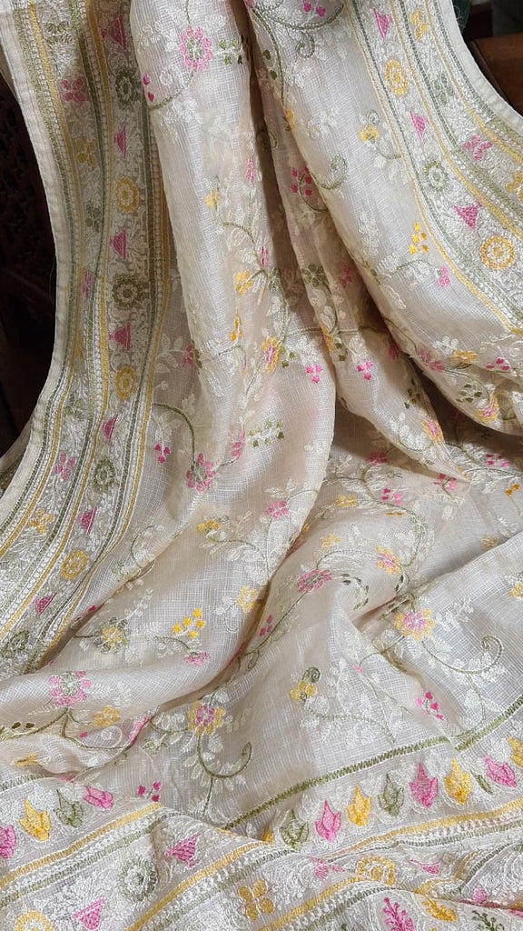 Zynah Feather-light Pure Kota Silk Saree with Chikankari Style Thread Embroidered; Custom Stitched/Ready-made Blouse, Fall, Petticoat; Shipping available USA, Worldwide