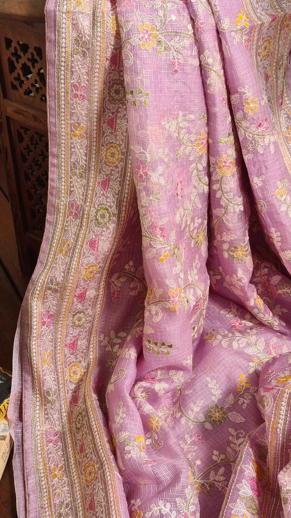 Zynah Feather-light Pure Kota Silk Saree with Chikankari Style Thread Embroidered; Custom Stitched/Ready-made Blouse, Fall, Petticoat; Shipping available USA, Worldwide