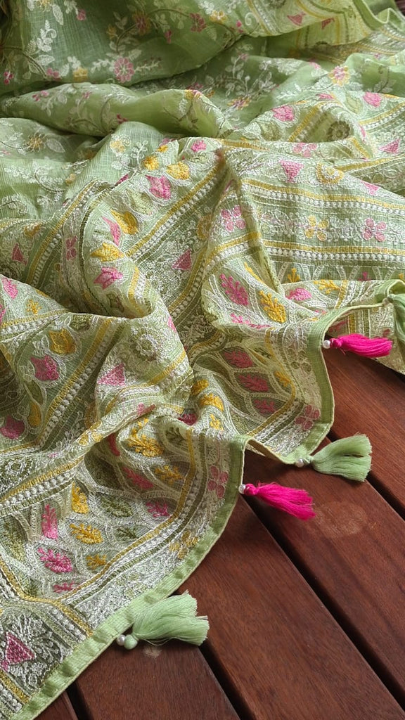 Zynah Feather-light Pure Kota Silk Saree with Chikankari Style Thread Embroidered; Custom Stitched/Ready-made Blouse, Fall, Petticoat; Shipping available USA, Worldwide