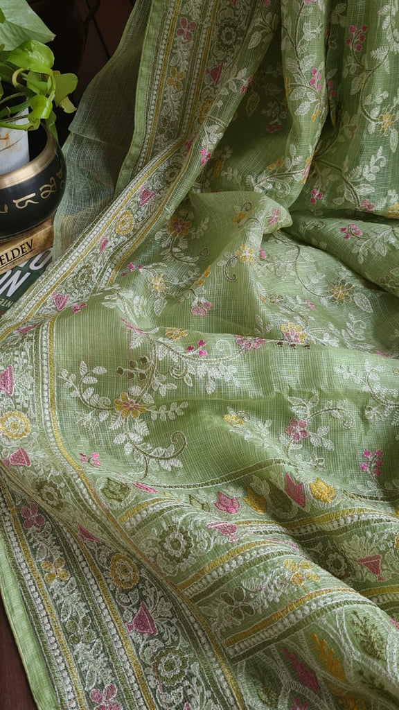 Zynah Feather-light Pure Kota Silk Saree with Chikankari Style Thread Embroidered; Custom Stitched/Ready-made Blouse, Fall, Petticoat; Shipping available USA, Worldwide