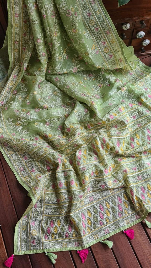 Zynah Feather-light Pure Kota Silk Saree with Chikankari Style Thread Embroidered; Custom Stitched/Ready-made Blouse, Fall, Petticoat; Shipping available USA, Worldwide