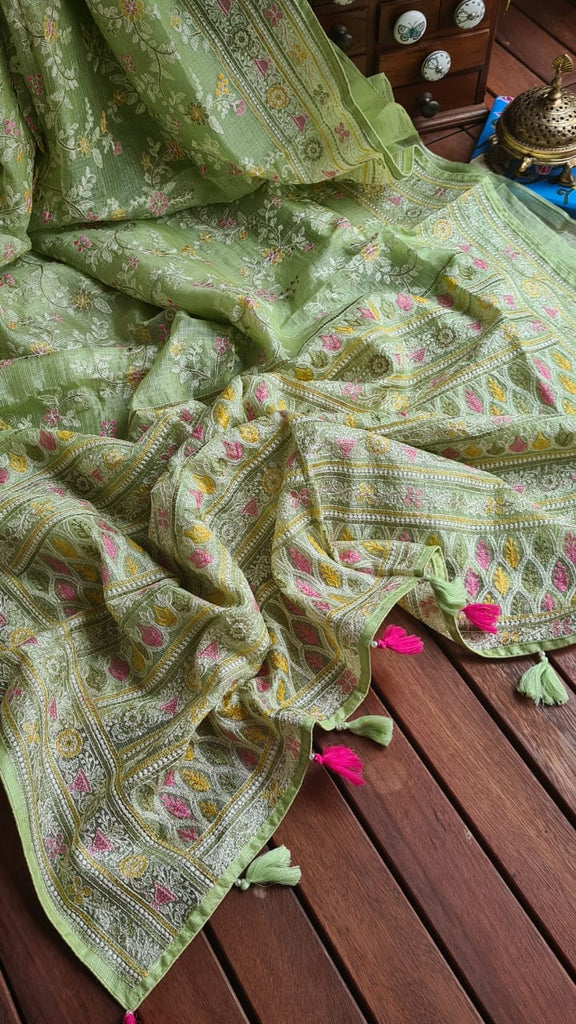 Zynah Feather-light Pure Kota Silk Saree with Chikankari Style Thread Embroidered; Custom Stitched/Ready-made Blouse, Fall, Petticoat; Shipping available USA, Worldwide