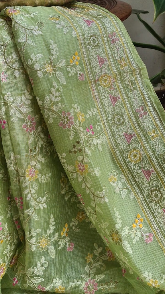 Zynah Feather-light Pure Kota Silk Saree with Chikankari Style Thread Embroidered; Custom Stitched/Ready-made Blouse, Fall, Petticoat; Shipping available USA, Worldwide