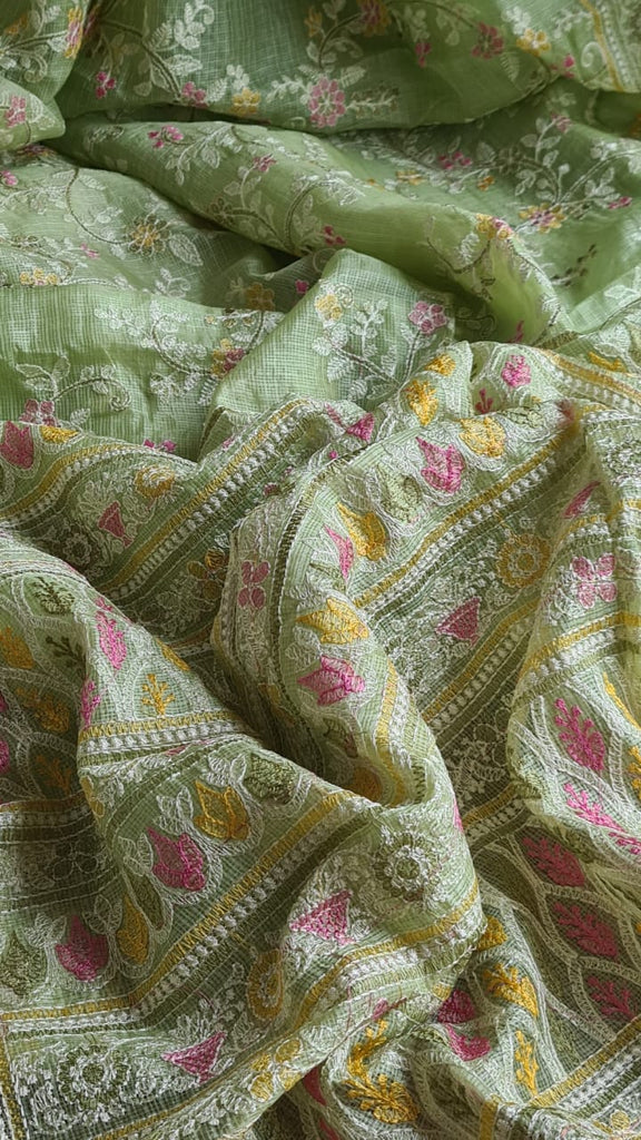 Zynah Feather-light Pure Kota Silk Saree with Chikankari Style Thread Embroidered; Custom Stitched/Ready-made Blouse, Fall, Petticoat; Shipping available USA, Worldwide