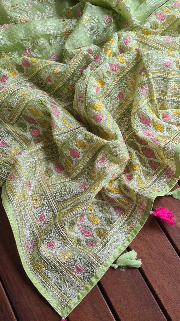 Zynah Feather-light Pure Kota Silk Saree with Chikankari Style Thread Embroidered; Custom Stitched/Ready-made Blouse, Fall, Petticoat; Shipping available USA, Worldwide