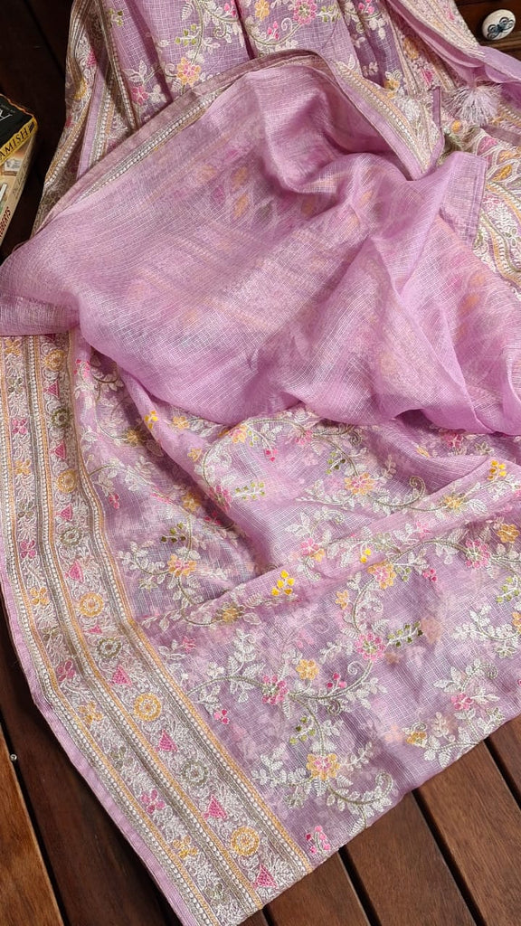 Zynah Feather-light Pure Kota Silk Saree with Chikankari Style Thread Embroidered; Custom Stitched/Ready-made Blouse, Fall, Petticoat; Shipping available USA, Worldwide