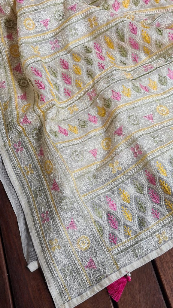 Zynah Feather-light Pure Kota Silk Saree with Chikankari Style Thread Embroidered; Custom Stitched/Ready-made Blouse, Fall, Petticoat; Shipping available USA, Worldwide