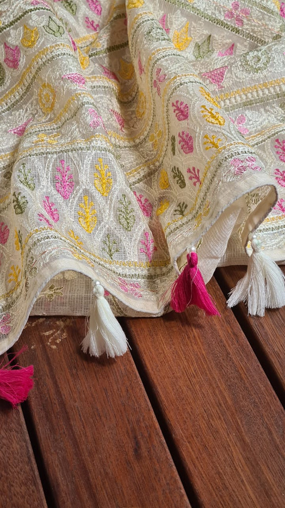 Zynah Feather-light Pure Kota Silk Saree with Chikankari Style Thread Embroidered; Custom Stitched/Ready-made Blouse, Fall, Petticoat; Shipping available USA, Worldwide