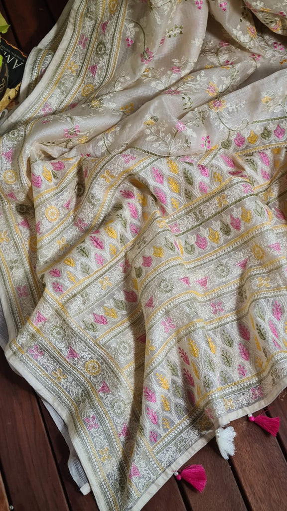 Zynah Feather-light Pure Kota Silk Saree with Chikankari Style Thread Embroidered; Custom Stitched/Ready-made Blouse, Fall, Petticoat; Shipping available USA, Worldwide