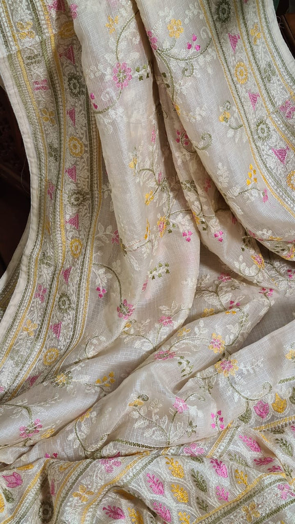 Zynah Feather-light Pure Kota Silk Saree with Chikankari Style Thread Embroidered; Custom Stitched/Ready-made Blouse, Fall, Petticoat; Shipping available USA, Worldwide