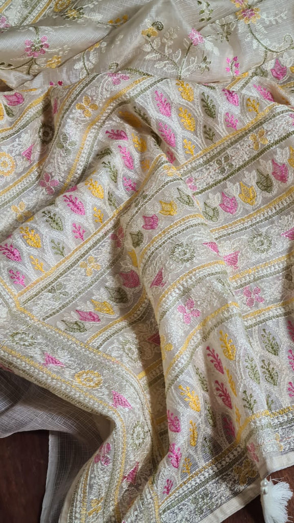 Zynah Feather-light Pure Kota Silk Saree with Chikankari Style Thread Embroidered; Custom Stitched/Ready-made Blouse, Fall, Petticoat; Shipping available USA, Worldwide