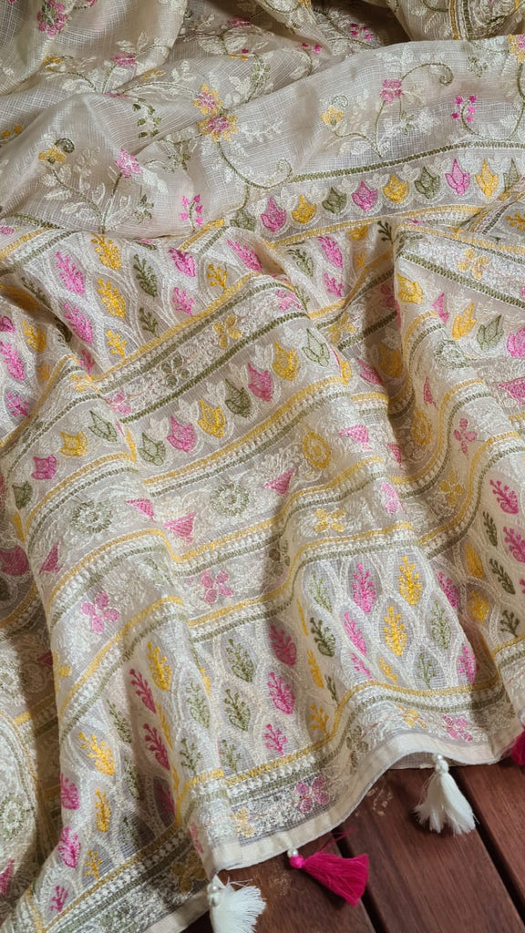 Zynah Feather-light Pure Kota Silk Saree with Chikankari Style Thread Embroidered; Custom Stitched/Ready-made Blouse, Fall, Petticoat; Shipping available USA, Worldwide