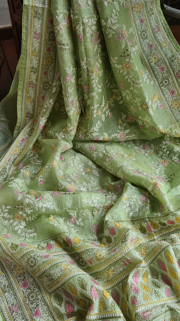 Zynah Feather-light Pure Kota Silk Saree with Chikankari Style Thread Embroidered; Custom Stitched/Ready-made Blouse, Fall, Petticoat; Shipping available USA, Worldwide