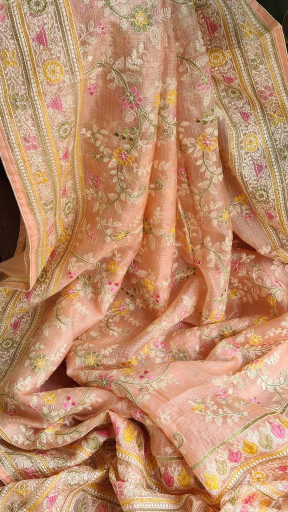 Zynah Feather-light Pure Kota Silk Saree with Chikankari Style Thread Embroidered; Custom Stitched/Ready-made Blouse, Fall, Petticoat; Shipping available USA, Worldwide