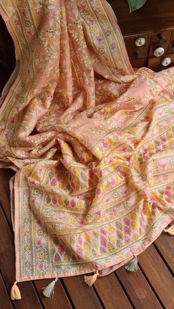 Zynah Feather-light Pure Kota Silk Saree with Chikankari Style Thread Embroidered; Custom Stitched/Ready-made Blouse, Fall, Petticoat; Shipping available USA, Worldwide