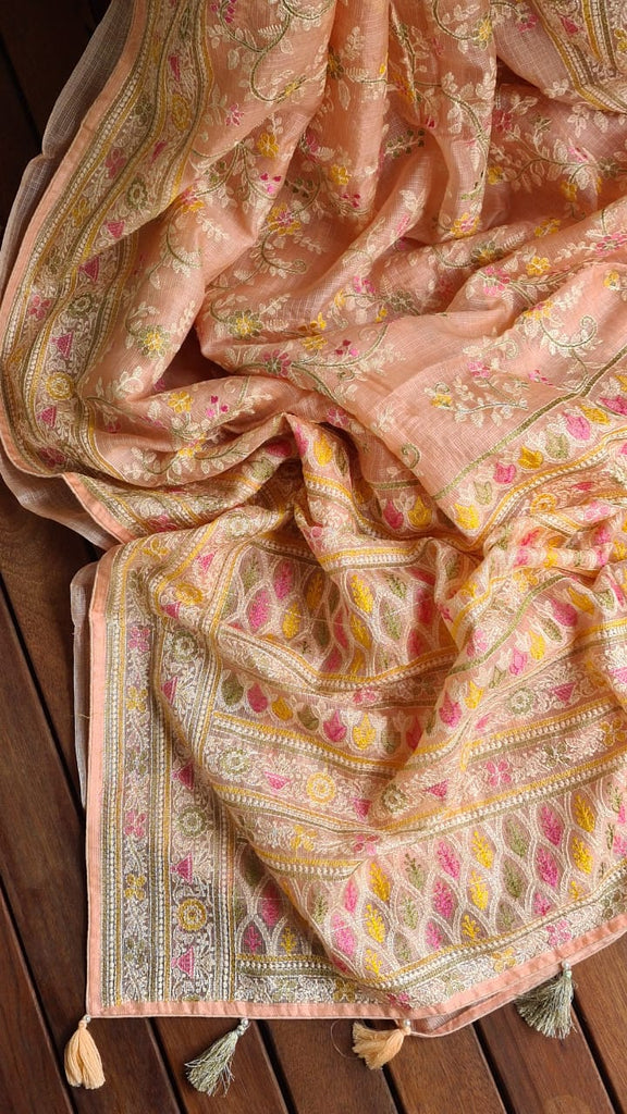 Zynah Feather-light Pure Kota Silk Saree with Chikankari Style Thread Embroidered; Custom Stitched/Ready-made Blouse, Fall, Petticoat; Shipping available USA, Worldwide