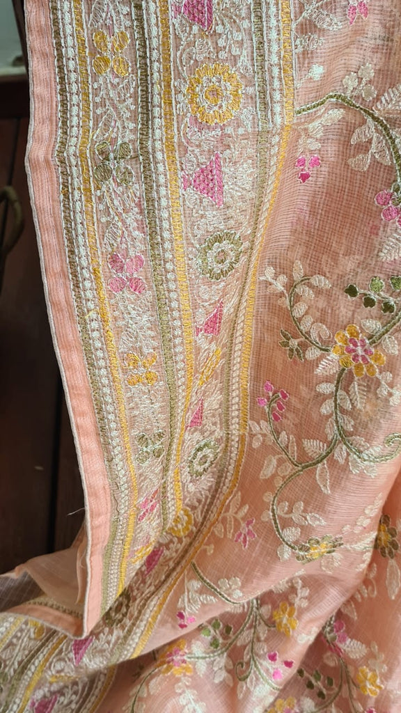 Zynah Feather-light Pure Kota Silk Saree with Chikankari Style Thread Embroidered; Custom Stitched/Ready-made Blouse, Fall, Petticoat; Shipping available USA, Worldwide