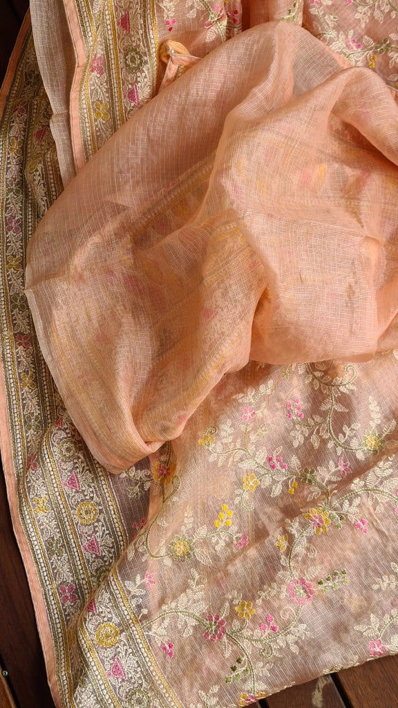 Zynah Feather-light Pure Kota Silk Saree with Chikankari Style Thread Embroidered; Custom Stitched/Ready-made Blouse, Fall, Petticoat; Shipping available USA, Worldwide