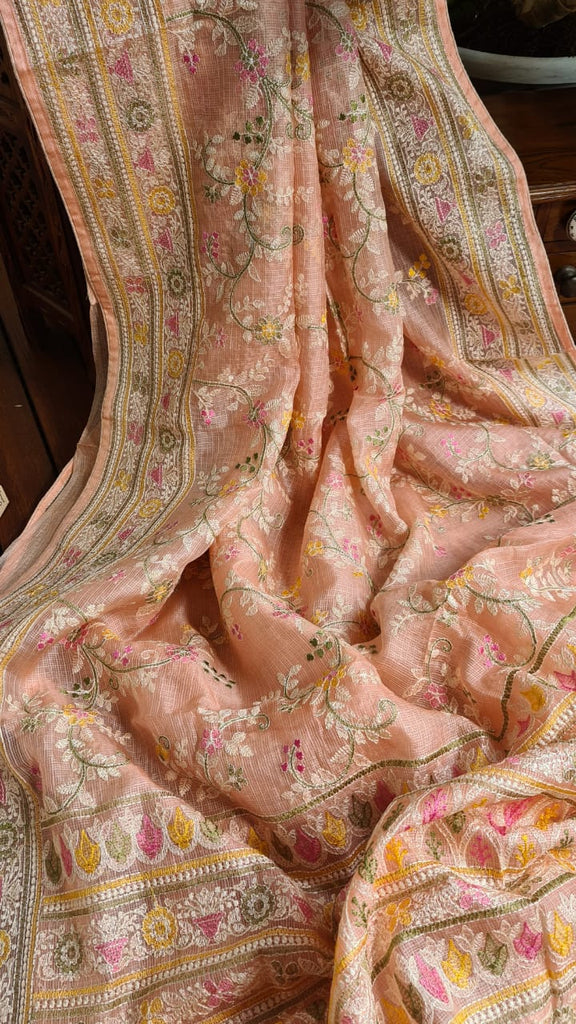 Zynah Feather-light Pure Kota Silk Saree with Chikankari Style Thread Embroidered; Custom Stitched/Ready-made Blouse, Fall, Petticoat; Shipping available USA, Worldwide