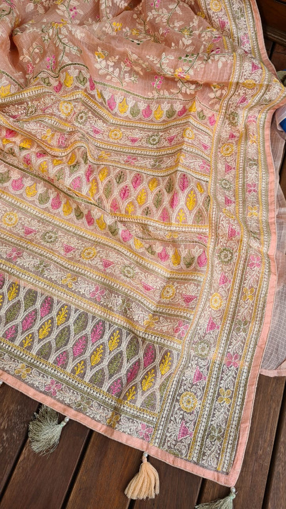 Zynah Feather-light Pure Kota Silk Saree with Chikankari Style Thread Embroidered; Custom Stitched/Ready-made Blouse, Fall, Petticoat; Shipping available USA, Worldwide