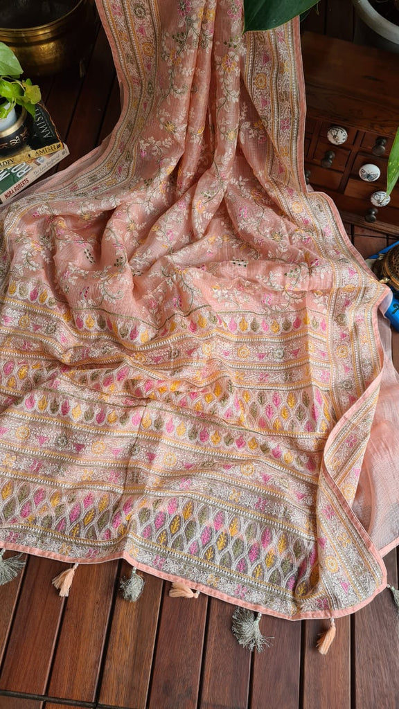 Zynah Feather-light Pure Kota Silk Saree with Chikankari Style Thread Embroidered; Custom Stitched/Ready-made Blouse, Fall, Petticoat; Shipping available USA, Worldwide