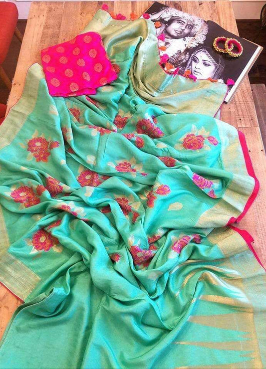 Zynah Pure Munga Silk Saree with Colour Weaved Butis; Custom Stitched/Ready-made Blouse, Fall, Petticoat; Shipping available USA, Worldwide